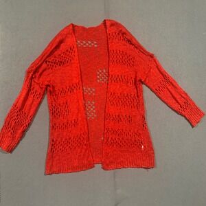 Ruby Red Open Knit Pointelle Cardigan Sweater Womens Size XL G6B150 Relaxed Fit